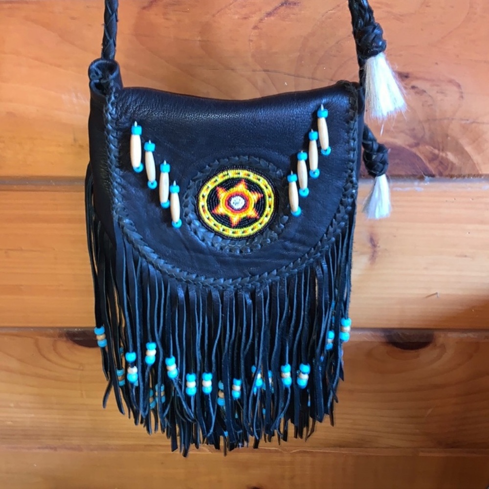 Native American leather beaded fringe crossbody bag  boho western southwestern